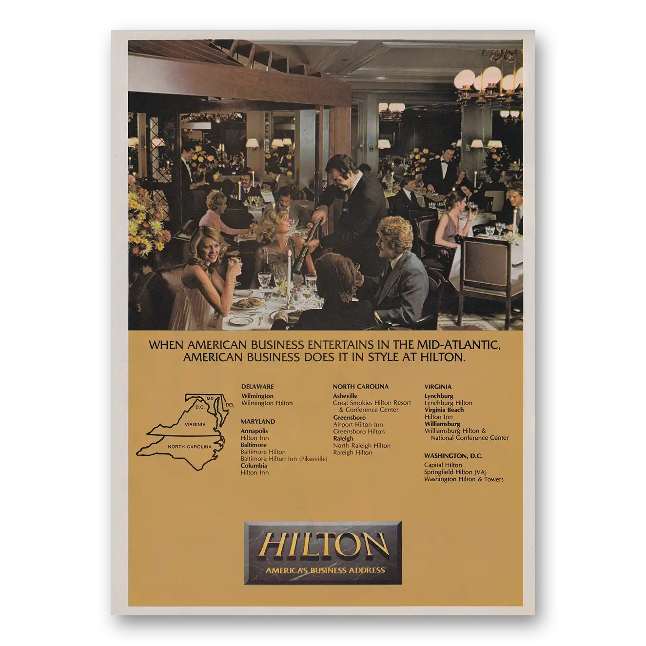 1983 Hilton Hotels Entertains in the Mid Atlantic Vintage Magazine Print Ad