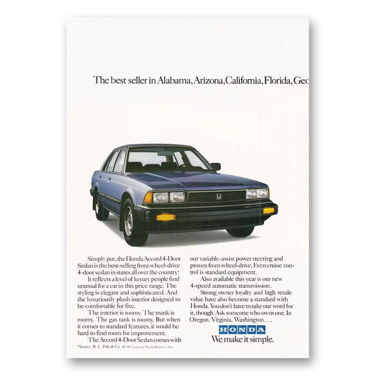 1983 Honda Accord Best Seller in Alabama Arizona California Vintage Magazine Print Ad