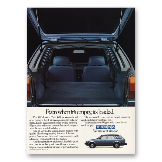 1983 Honda Civic Even When Empty Its Loaded Vintage Magazine Print Ad