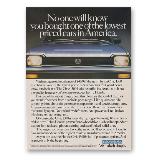 1983 Honda Civic No One Will Know Vintage Magazine Print Ad