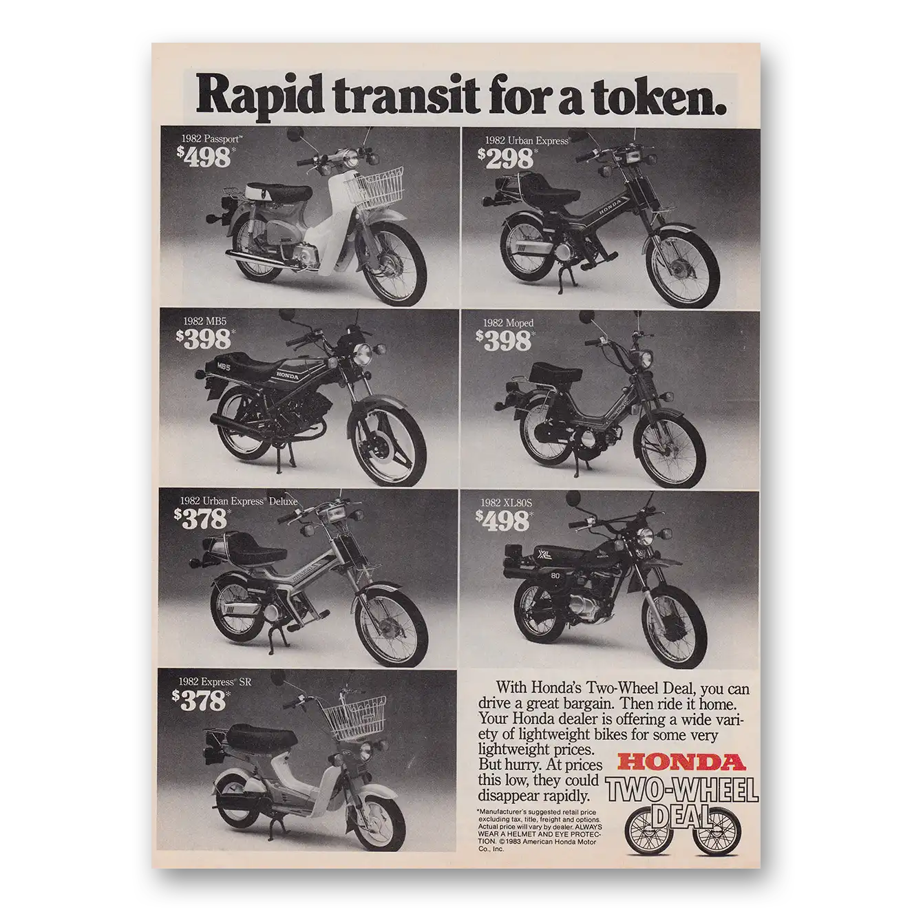 1983 Honda Motorcycle Lightweight Bikes Rapid Transit for a Token Vintage Magazine Print Ad