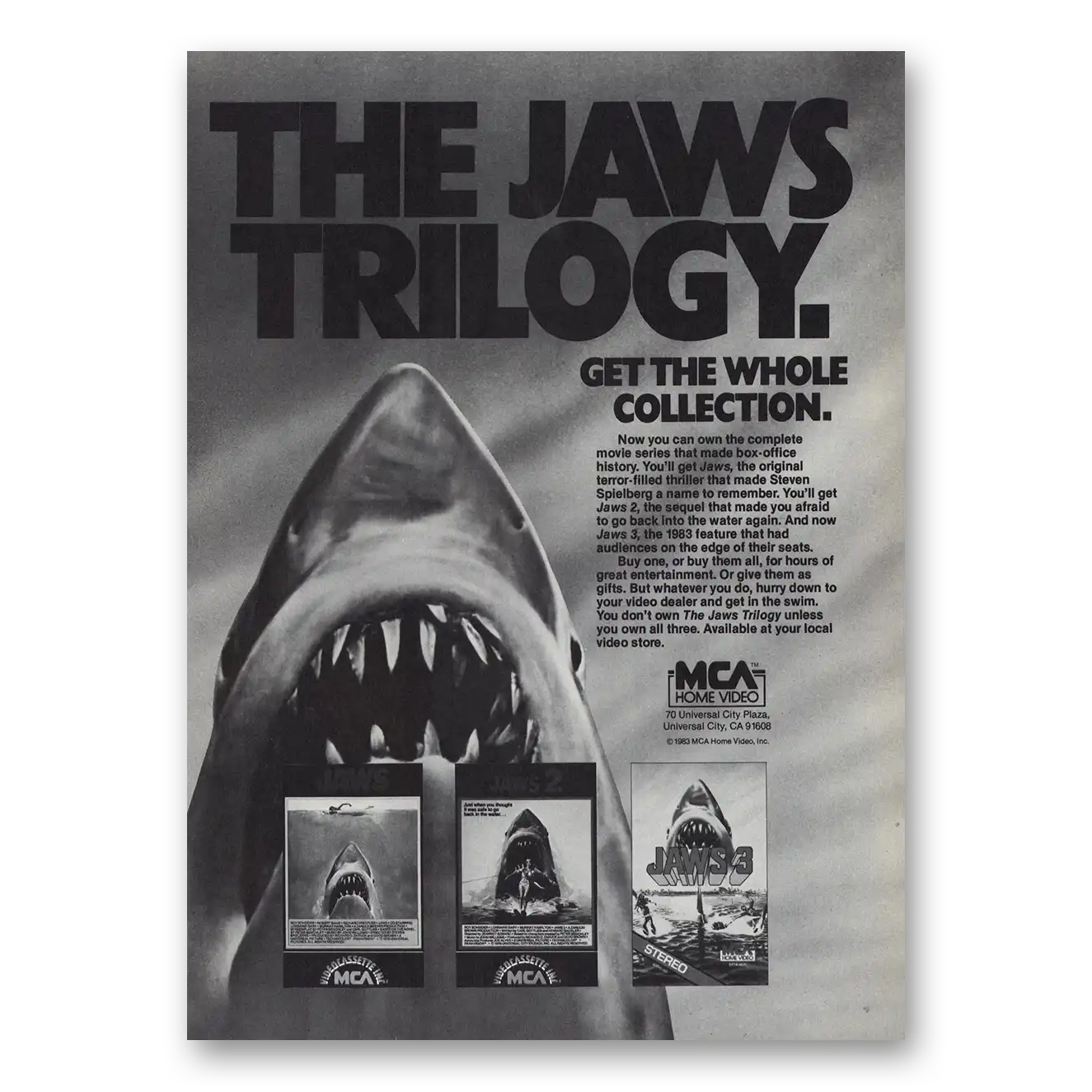 1983 The Jaws Trilogy Promo VCR Get the Whole Collection Vintage Magazine Print Ad