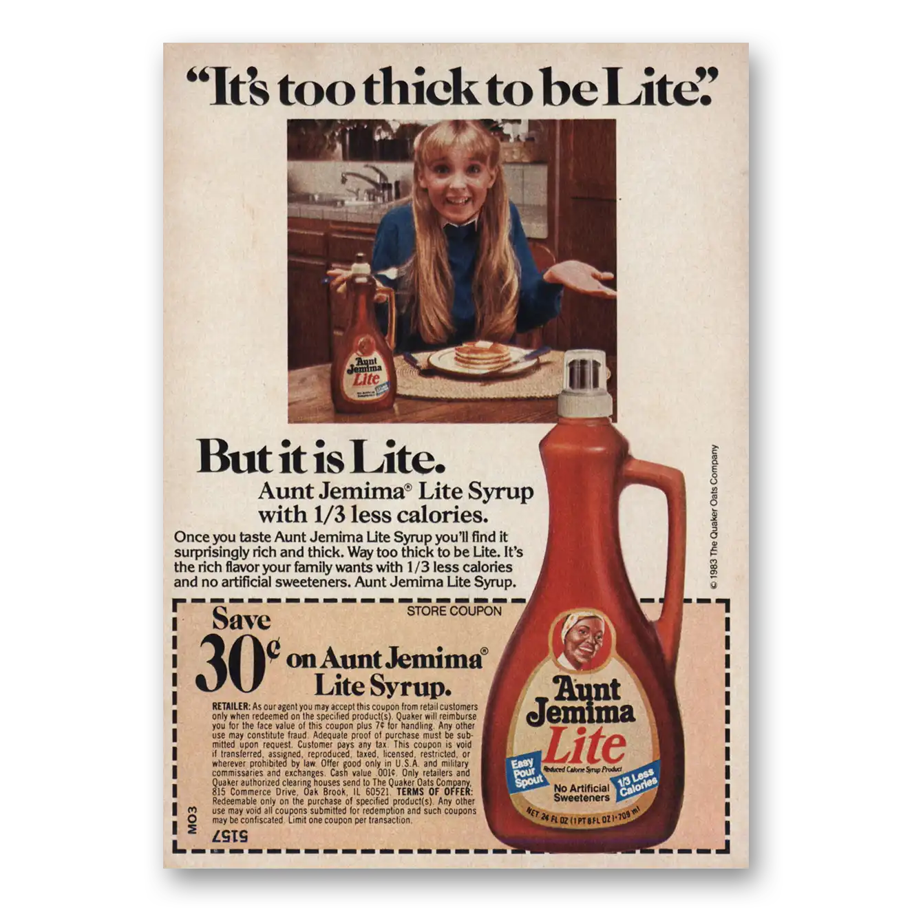 1983 Aunt Jemima Lite Too Thick to Be Lite Vintage Magazine Print Ad