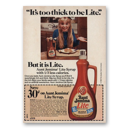 1983 Aunt Jemima Lite Too Thick to Be Lite Vintage Magazine Print Ad