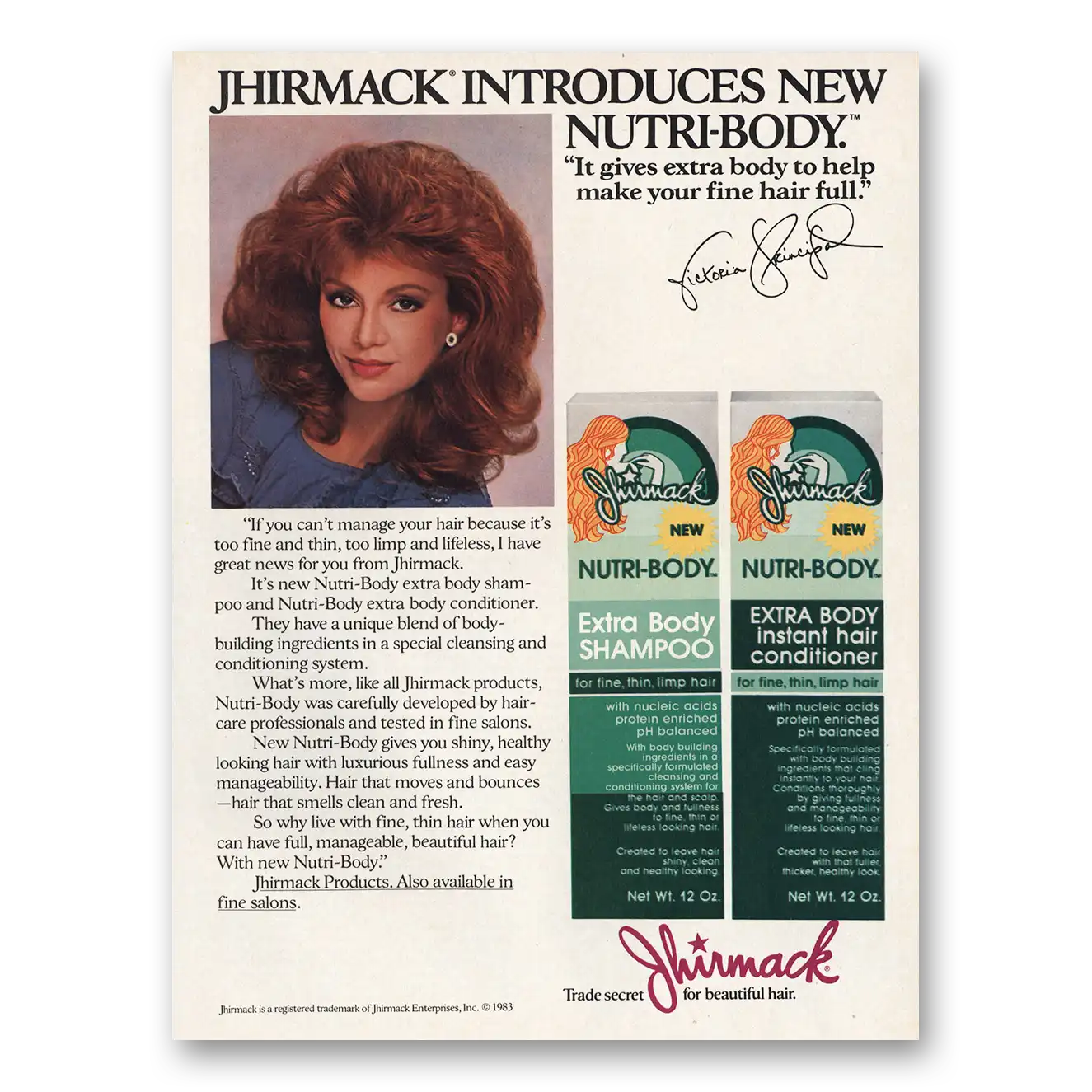 1983 Jhirmack Shampoo Victoria Principal Vintage Magazine Print Ad