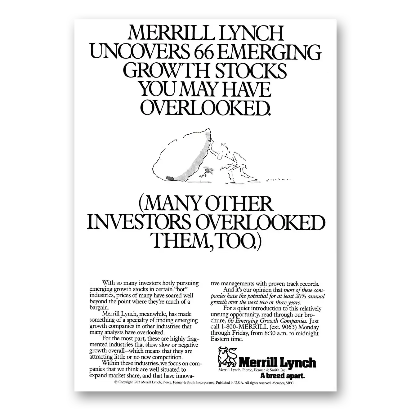 1983 Merrill Lynch Uncovers 66 Emerging Vintage Magazine Print Ad