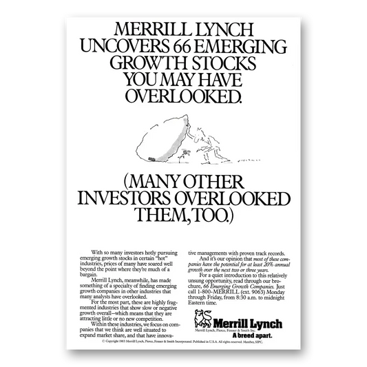 1983 Merrill Lynch Uncovers 66 Emerging Vintage Magazine Print Ad