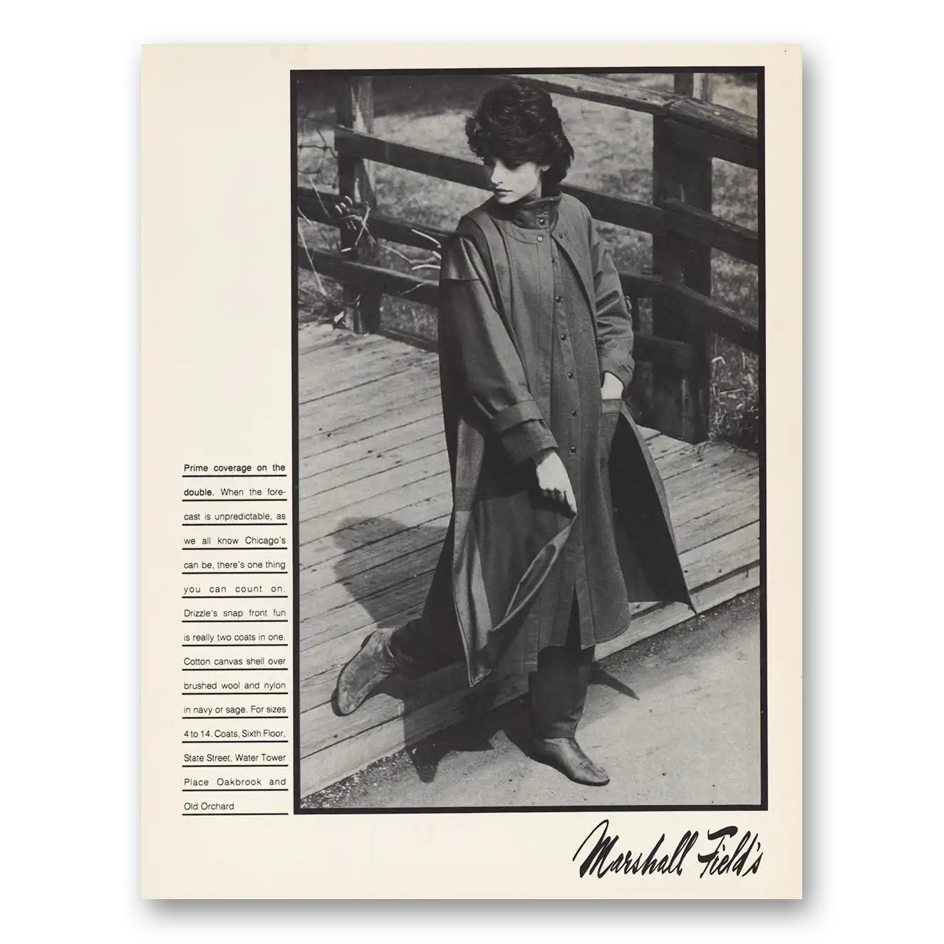 1983 Marshall Field Drizzle Coat Forecast Unpredictable Chicago Vintage Magazine Print Ad