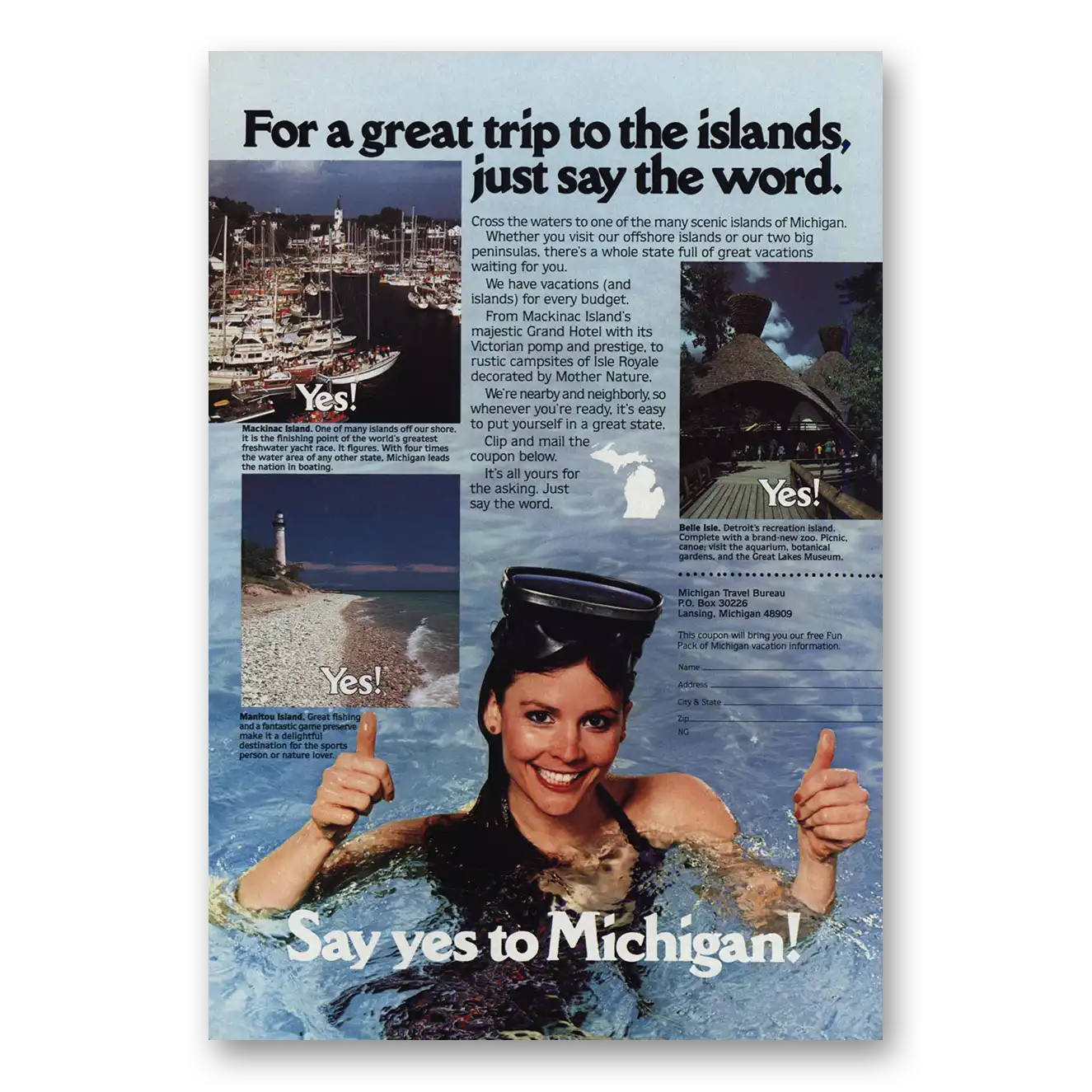 1983 Michigan Great Trip to the Islands Mackinac Manitou Vintage Magazine Print Ad