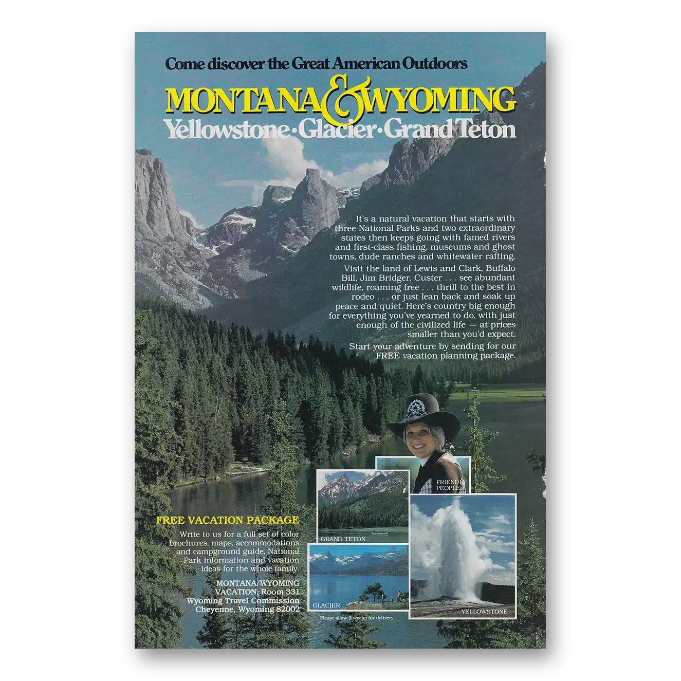 1983 Montana Wyoming Yellowstone Glacier Grand Teton Vintage Magazine Print Ad