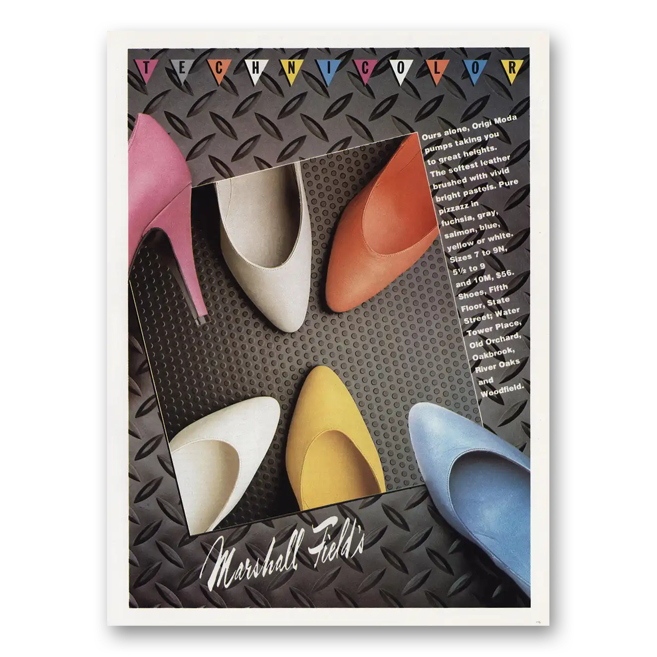 1983 Origi Moda Pumps Technicolor Taking You to Great Heights Vintage Magazine Print Ad