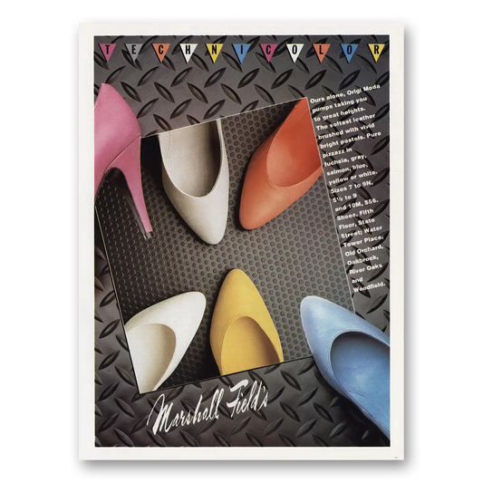 1983 Origi Moda Pumps Technicolor Taking You to Great Heights Vintage Magazine Print Ad