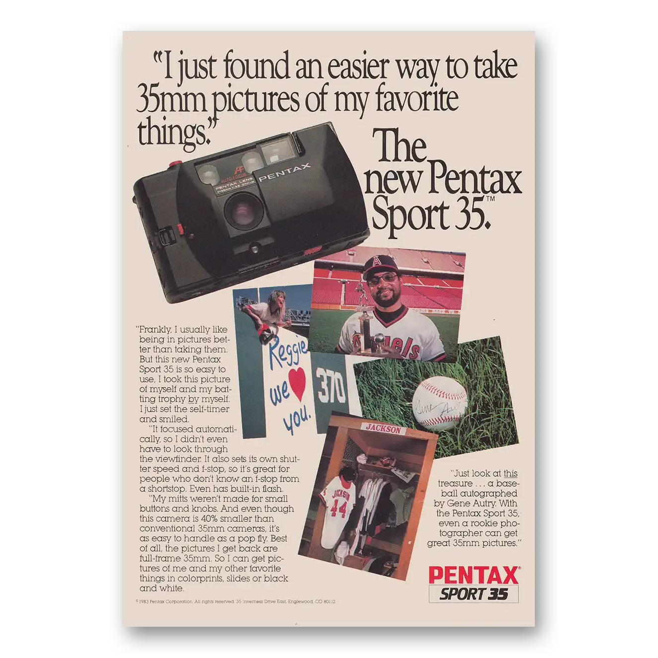 1983 Pentax Camera Reggie Jackson Vintage Magazine Print Ad