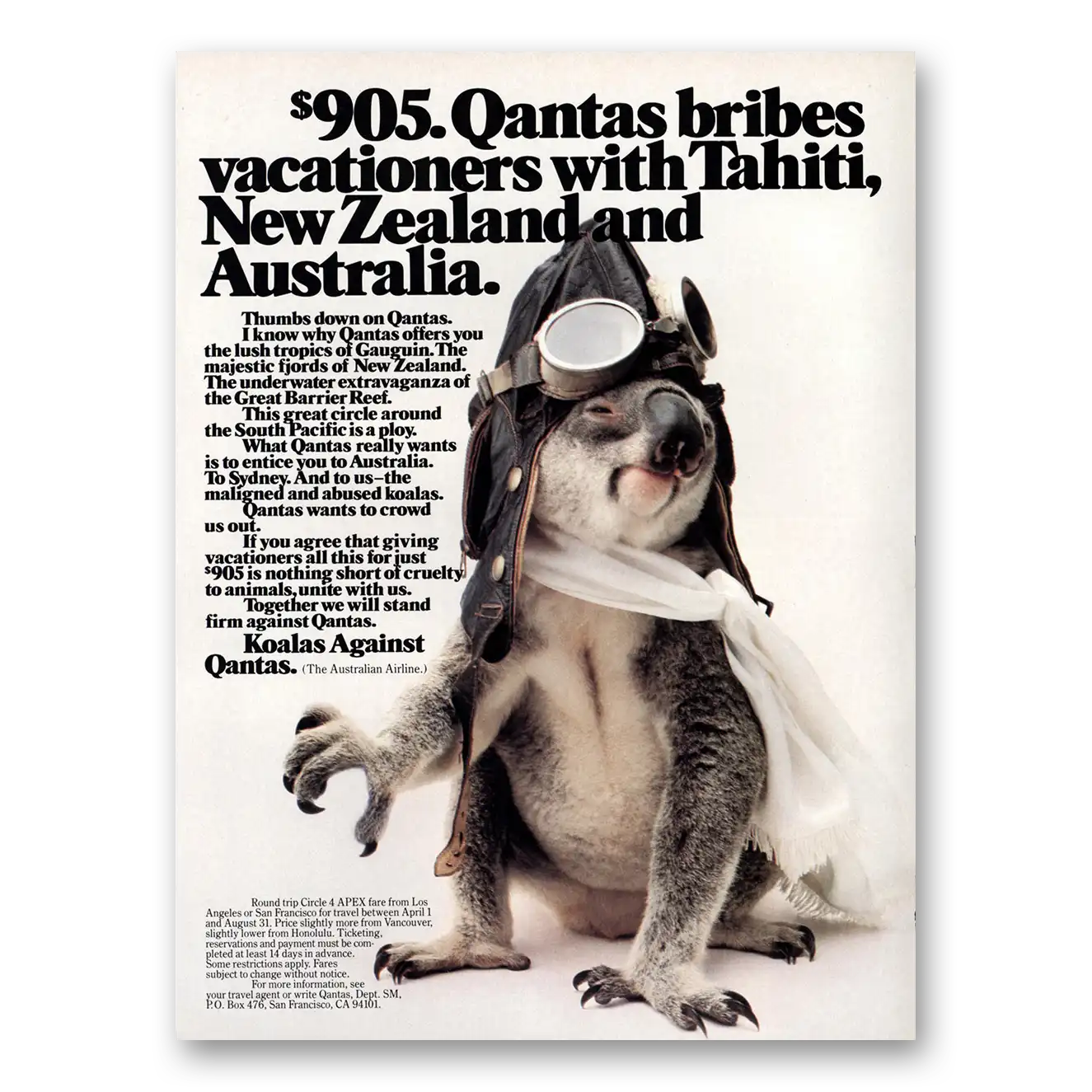 1983 Qantas Airlines Thumbs Down On Qantas Vintage Magazine Print Ad