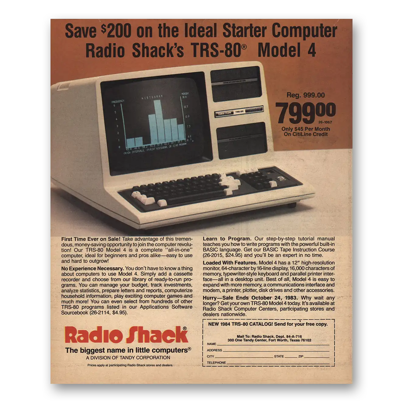 1983 Radio Shack TRS80 Computer Ideal Starter Computer Vintage Magazine Print Ad