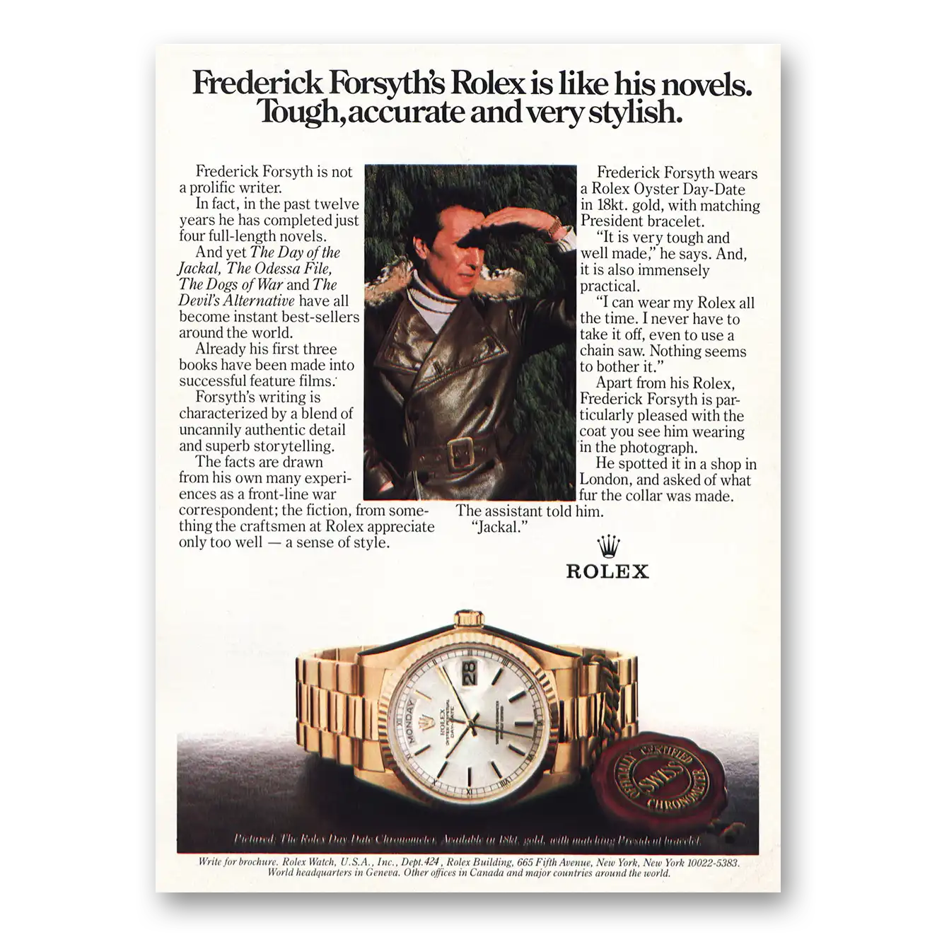 1983 Rolex Frederick Forsyth Novels Vintage Magazine Print Ad