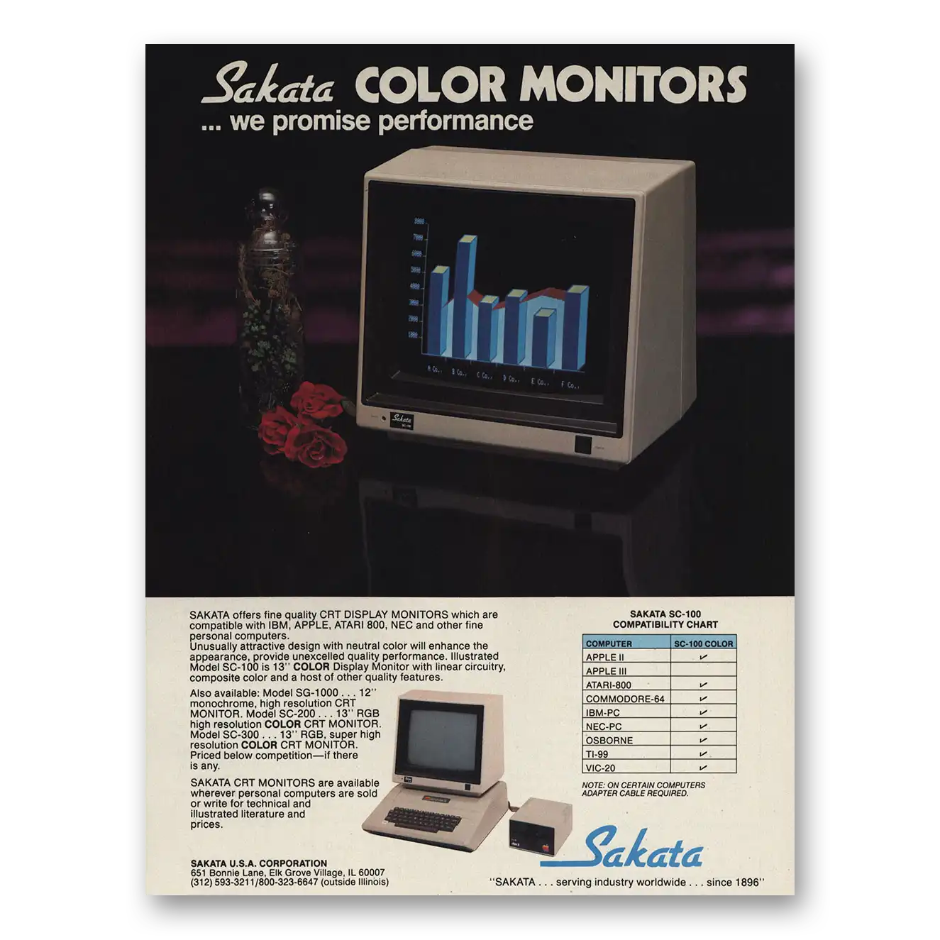 1983 Sakata Color Monitors We Promise Performance Vintage Magazine Print Ad