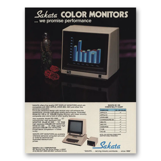 1983 Sakata Color Monitors We Promise Performance Vintage Magazine Print Ad