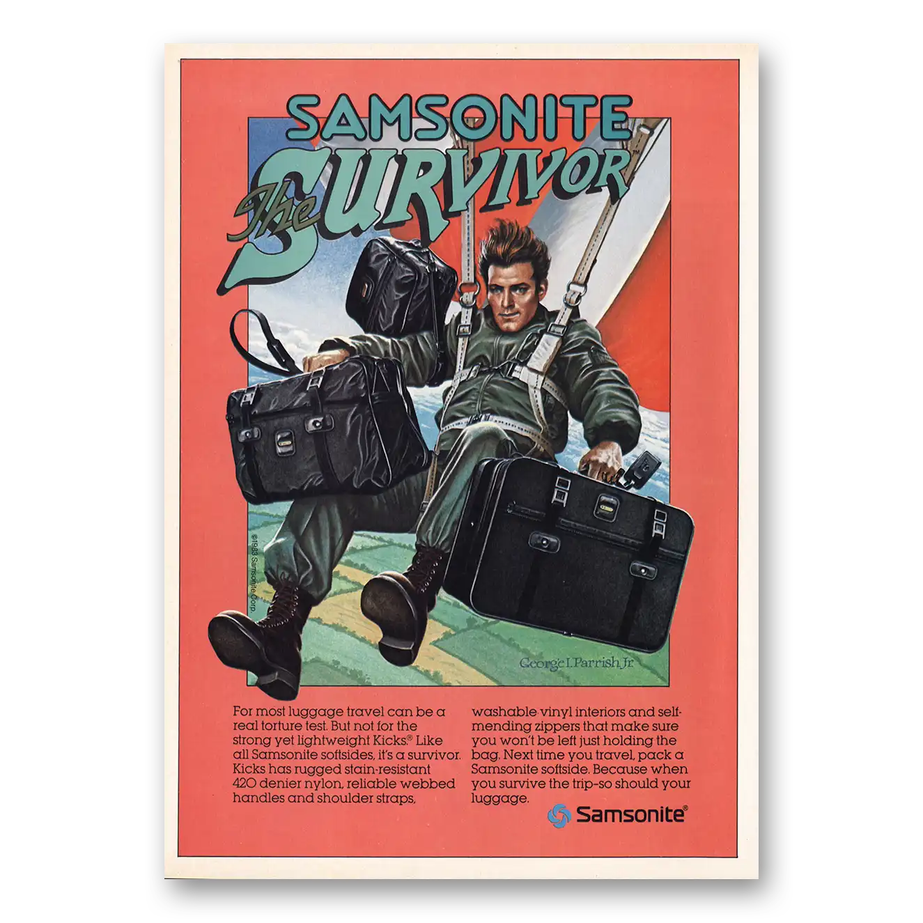 1983 Samsonite Luggage Kicks Luggage Survivor Parachute Vintage Magazine Print Ad