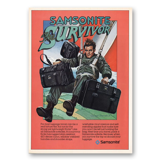 1983 Samsonite Luggage Kicks Luggage Survivor Parachute Vintage Magazine Print Ad