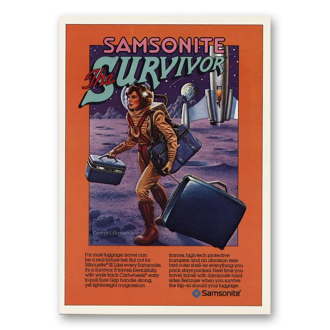 1983 Samsonite Luggage Luggage Survivor Moon Rocket Vintage Magazine Print Ad