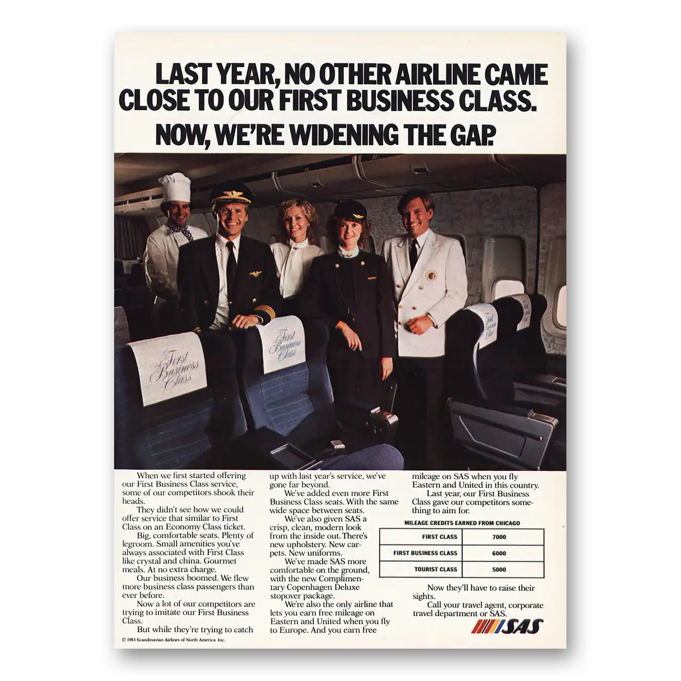 1983 SAS Scandinavian Airlines First Business Class Widening the Gap Vintage Magazine Print Ad