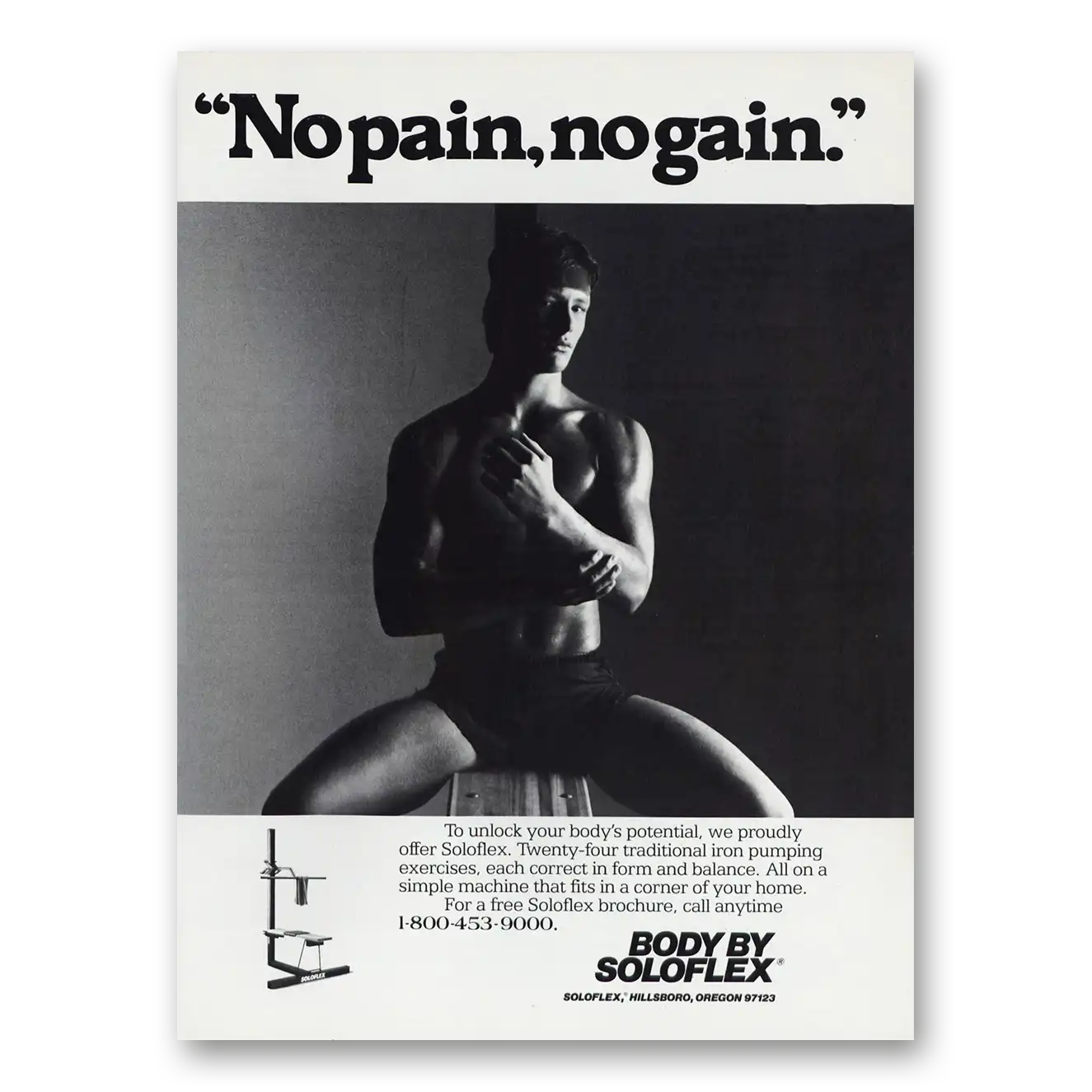 1983 Soloflex Fitness Equipment No Pain No Gain Vintage Magazine Print Ad