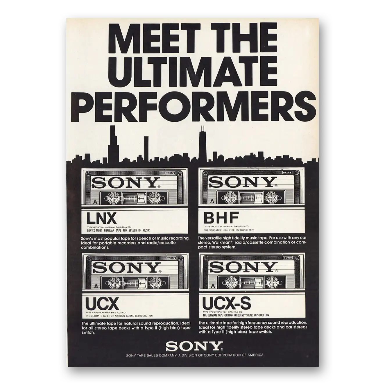 1983 Sony Cassette Tapes Chicago Skyline Ultimate Performers Vintage Magazine Print Ad