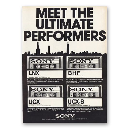 1983 Sony Cassette Tapes Chicago Skyline Ultimate Performers Vintage Magazine Print Ad