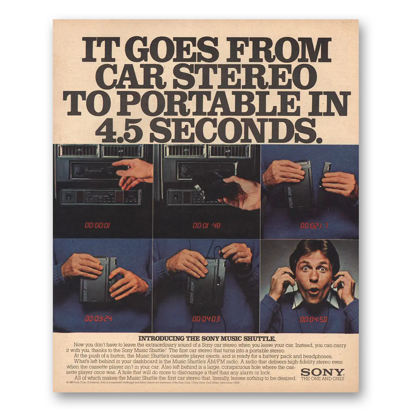 1983 Sony Car Stereo to Portable 45 Seconds Vintage Magazine Print Ad