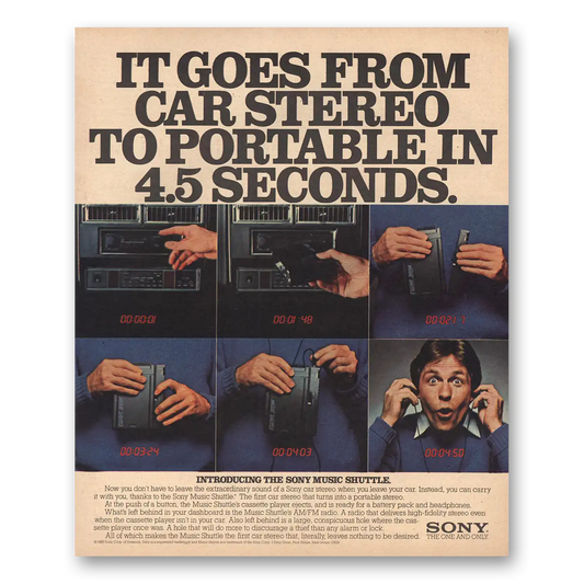 1983 Sony Car Stereo to Portable 45 Seconds Vintage Magazine Print Ad