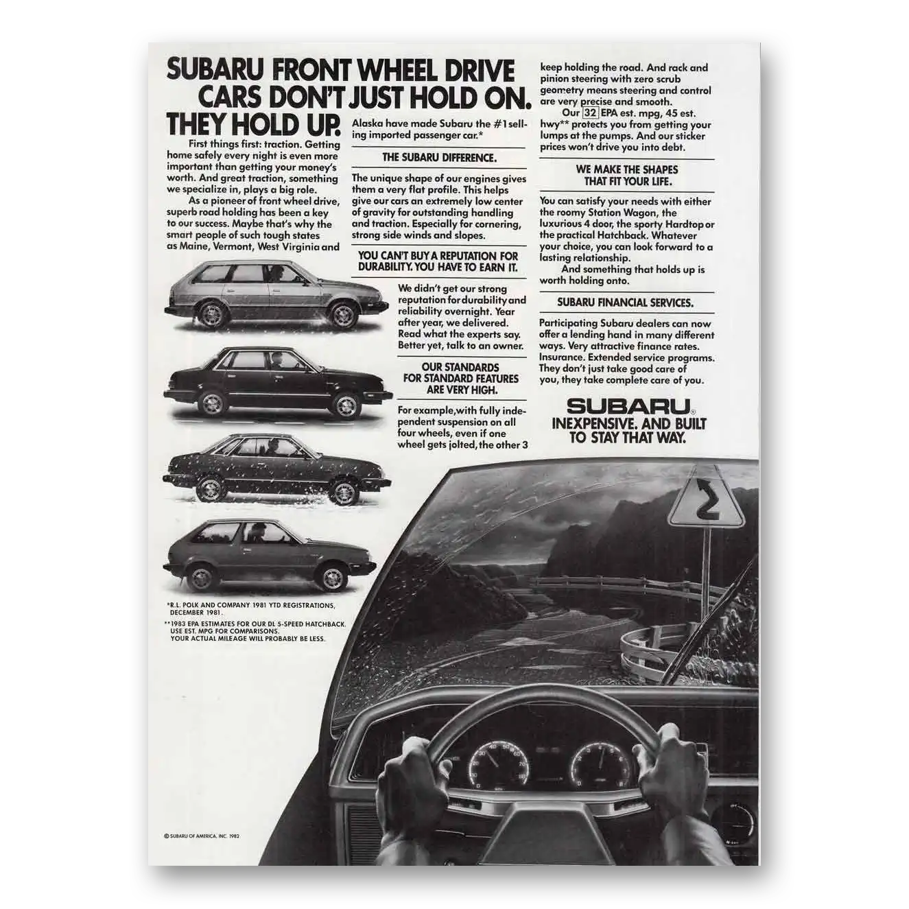 1983 Subaru Front Wheel Drive Cars Don't Just Hold On Vintage Magazine Print Ad