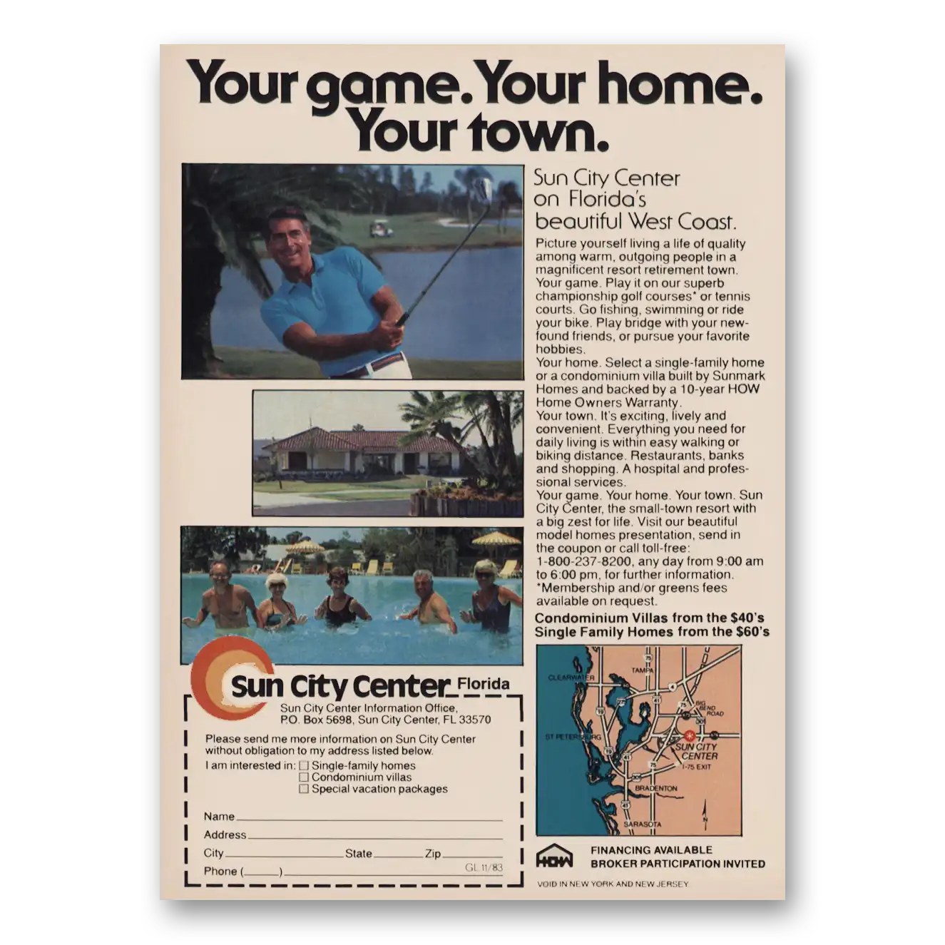 1983 Sun City Center Florida Your Game Home Town Vintage Magazine Print Ad