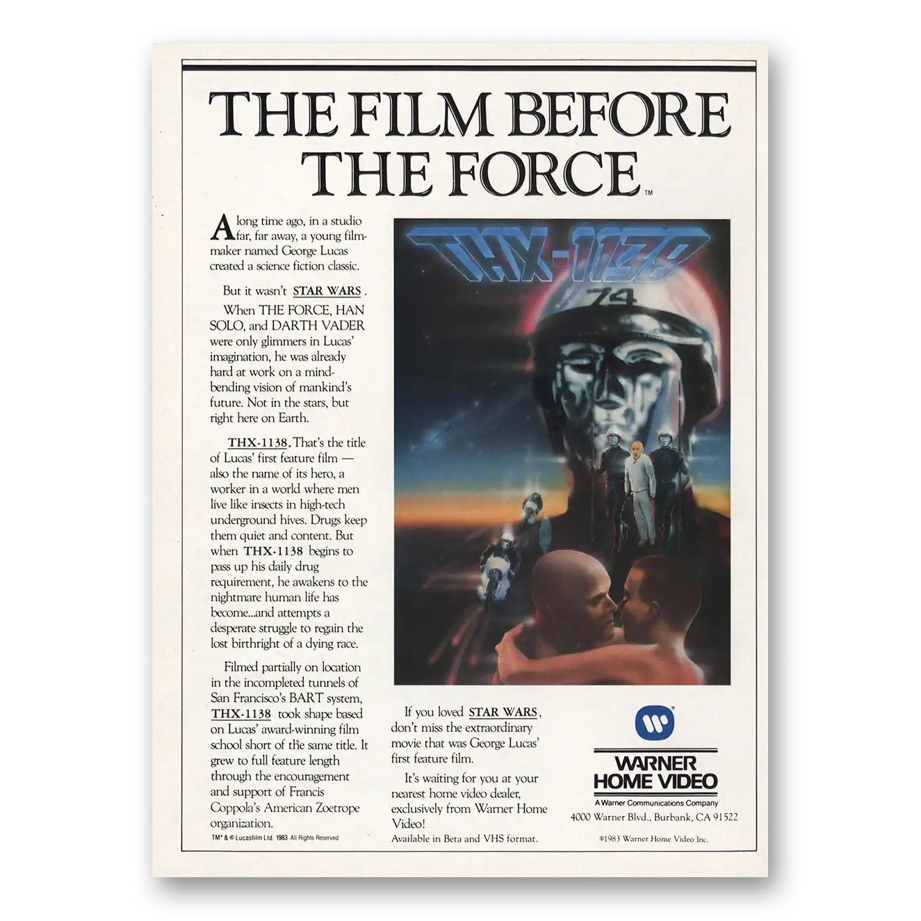 1983 THX1138 Promo George Lucas Vintage Magazine Print Ad