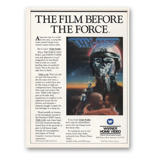 1983 THX1138 Promo George Lucas Vintage Magazine Print Ad