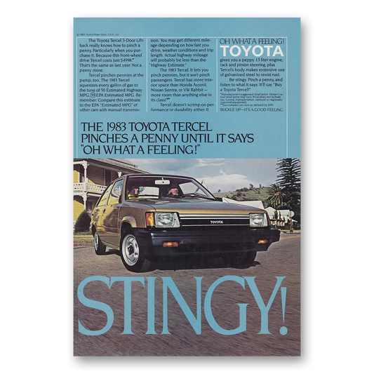 1983 Toyota Tercel Stingy Pinch a Penny Vintage Magazine Print Ad