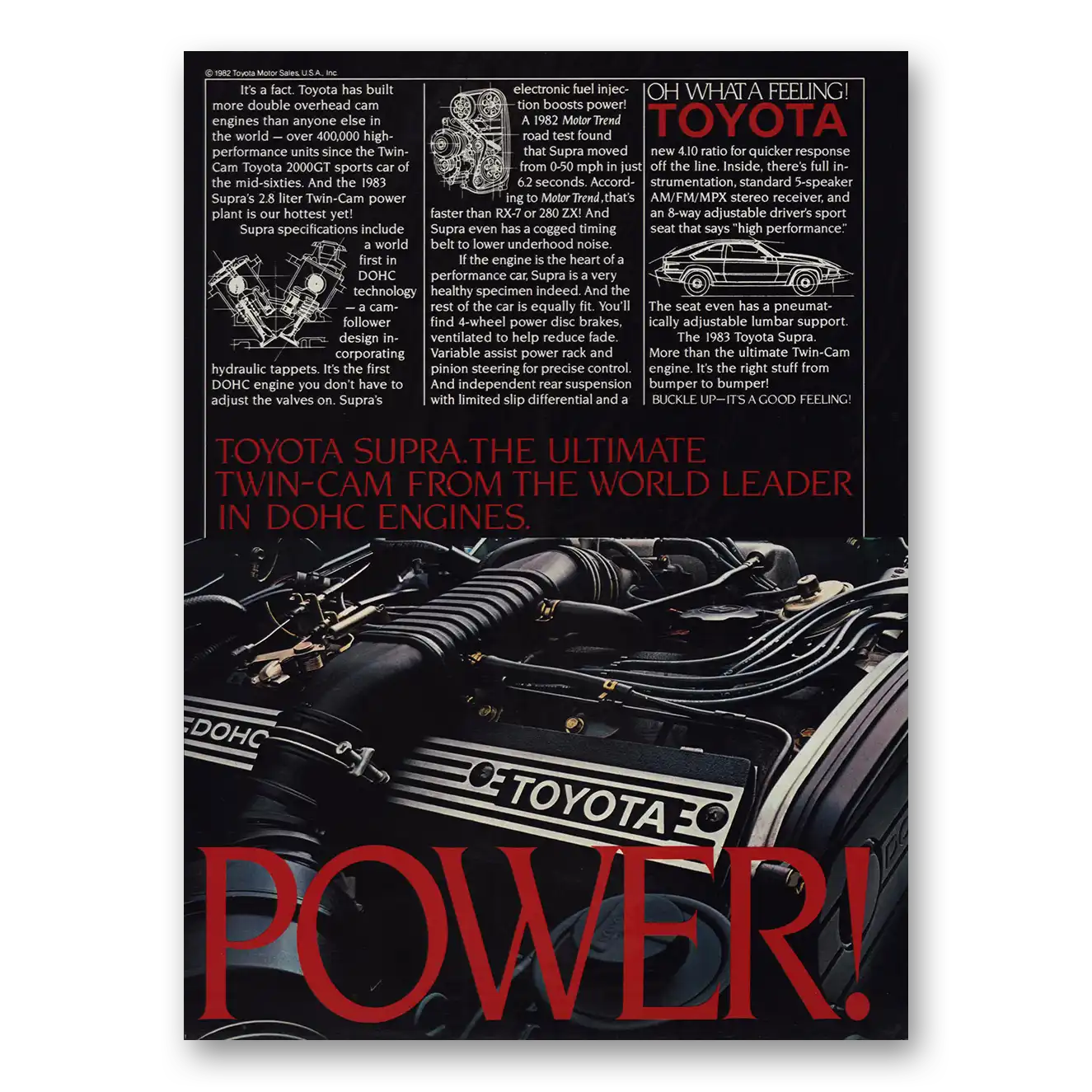 1983 Toyota Supra Overhead Cam Engines Power Vintage Magazine Print Ad