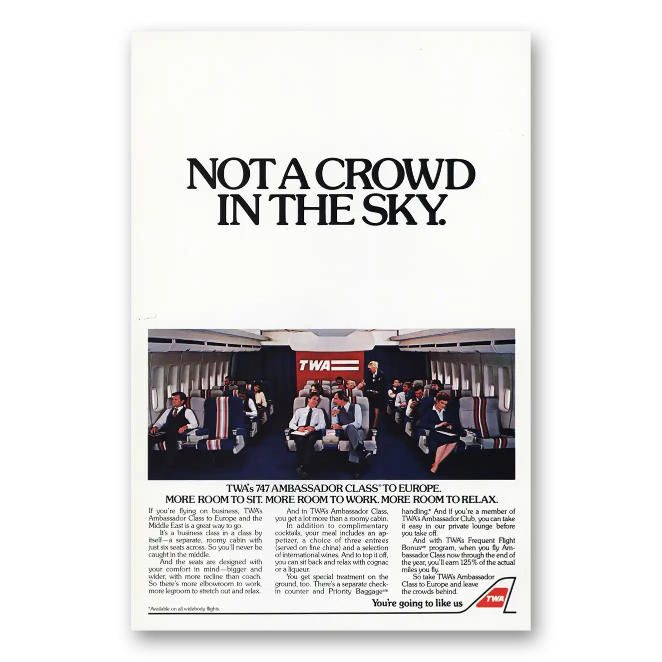 1983 TWA Airlines Not a Crowd In the Sky Vintage Magazine Print Ad