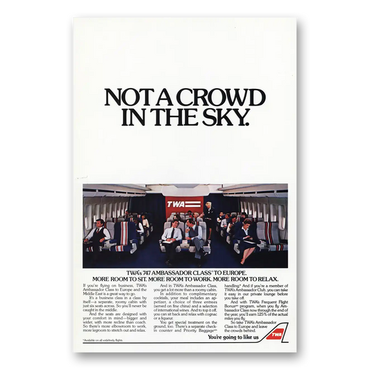 1983 TWA Airlines Not a Crowd In the Sky Vintage Magazine Print Ad