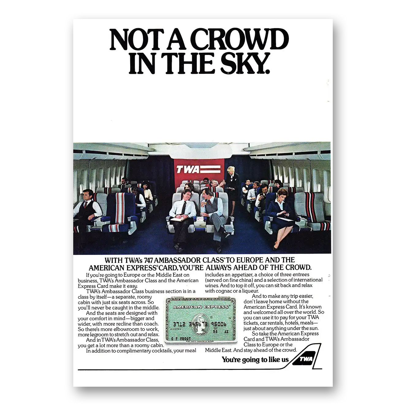 1983 TWA Airlines Not a Crowd in the Sky AmEx Vintage Magazine Print Ad