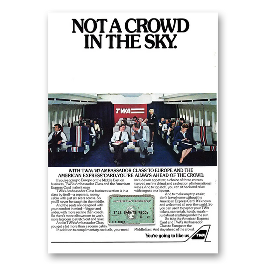 1983 TWA Airlines Not a Crowd in the Sky AmEx Vintage Magazine Print Ad