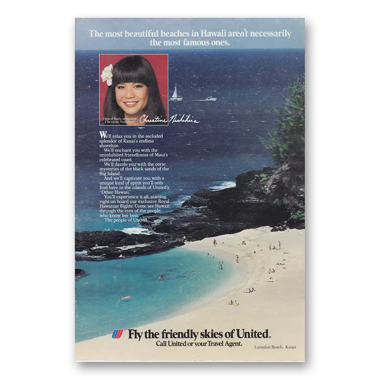 1983 United Airlines Most Beautiful Beaches Christine Nishihira Vintage Magazine Print Ad