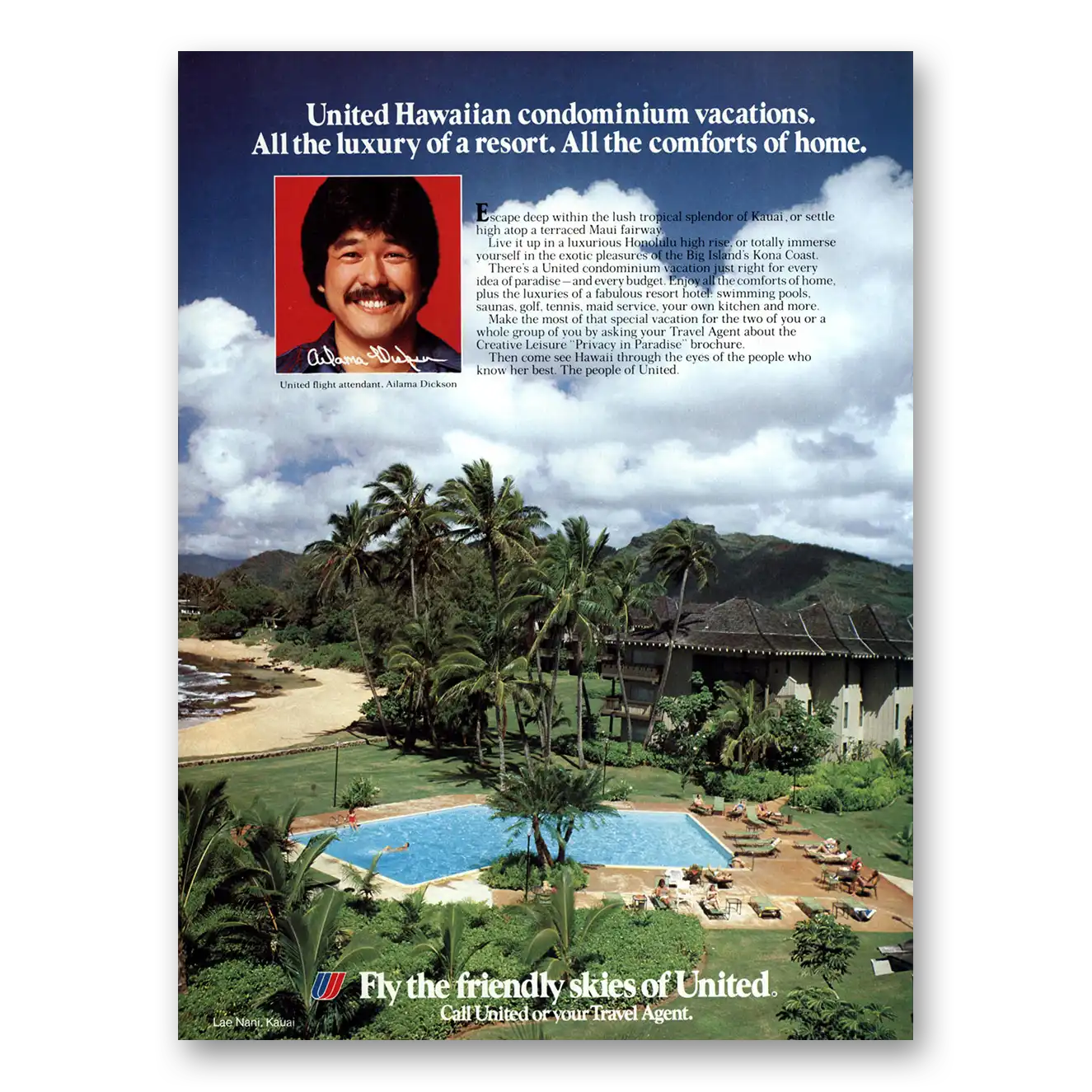 1983 United Airlines Ailama Dickson Condominium Vacations Vintage Magazine Print Ad