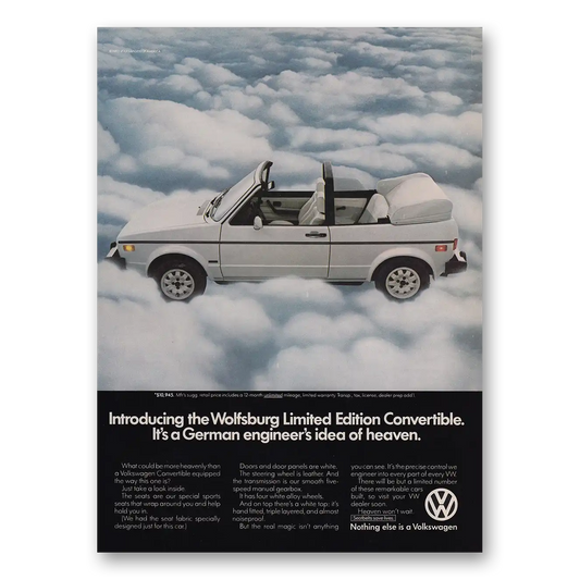 1983 Volkswagen Wolfsburg Edition Convertible German Engineers Idea of Heaven Vintage Magazine Print Ad