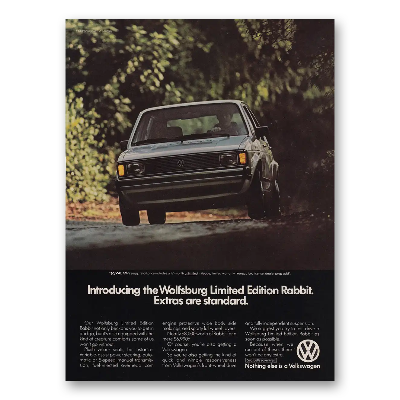 1983 Volkswagen Rabbit Wolfsburg Extras Are Standard Vintage Magazine Print Ad