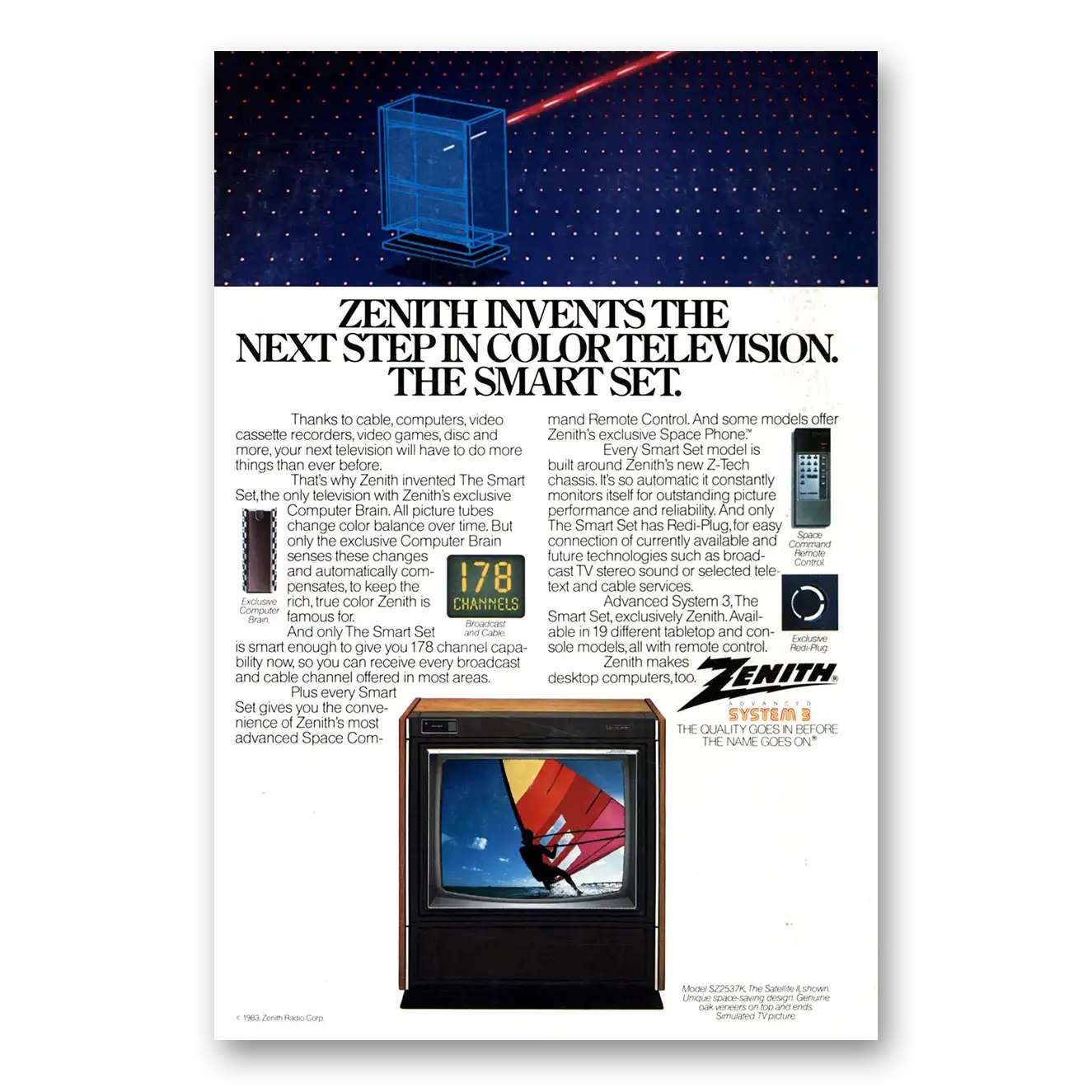 1983 Zenith Television Invents the Smart Set Vintage Magazine Print Ad