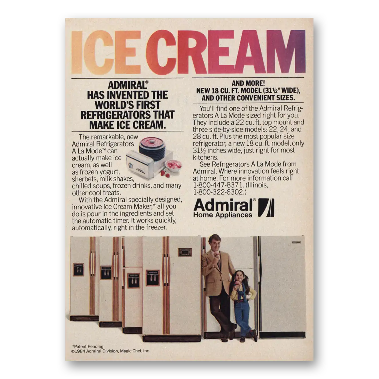 1984 Admiral Refrigerator First Refrigerators That Make Ice Cream Vintage Magazine Print Ad