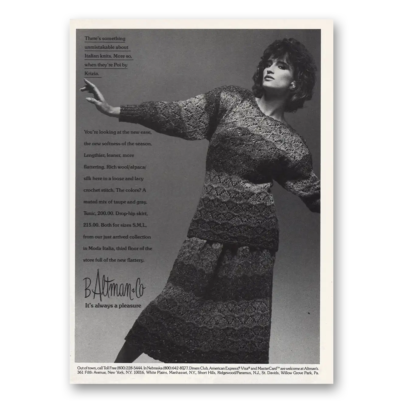 1984 B Altman Italian Knits Vintage Magazine Print Ad