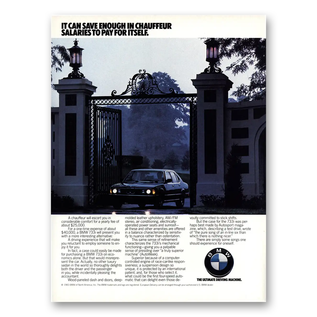 1983 BMW 7 Series Can Save Enough In Chauffeur Salaries Vintage Magazine Print Ad