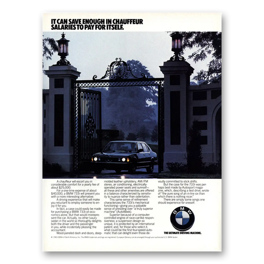 1983 BMW 7 Series Can Save Enough In Chauffeur Salaries Vintage Magazine Print Ad